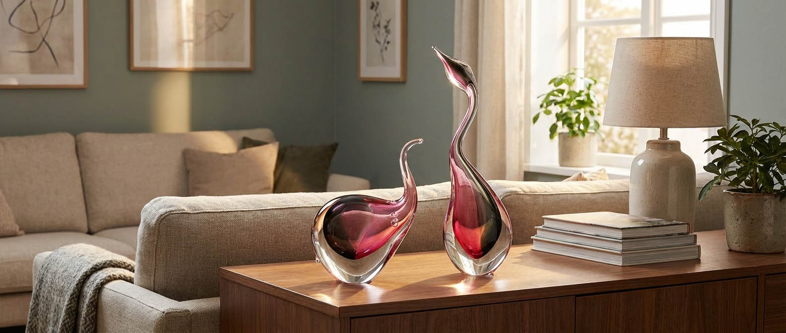 Kolekce ručně foukaných skleněných zvířat z české rodinné sklárny Artcristal Bohemia - volavka, ryby a ptáčci z hutního skla