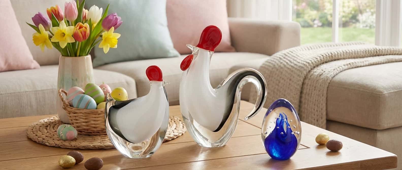 Skleněná velikonoční slepice a kohout - ručně vyráběné české sklo s velikonoční dekorací